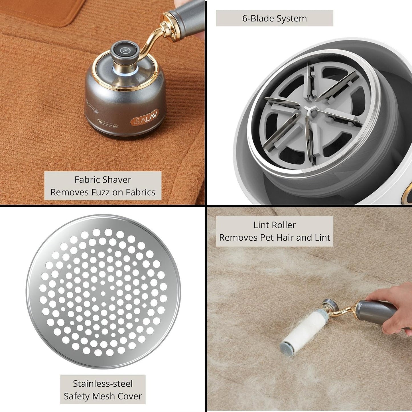 SALAV® Retro Edition 2-in-1 Rechargeable Fabric Shaver and Lint Roller, 6-Blade System, Removes Fuzz and Pilling on Fabrics, Includes Charging Cable (Rose)