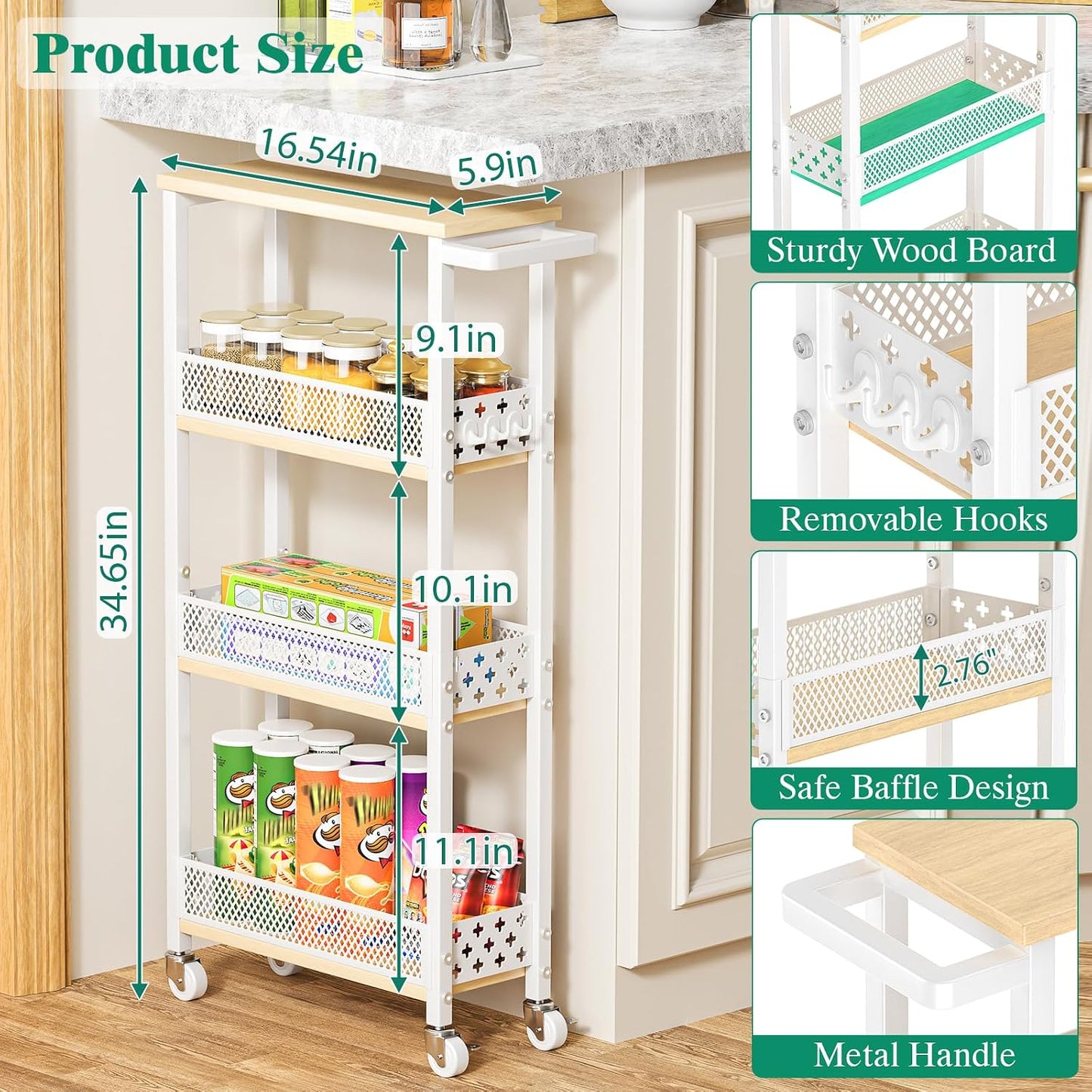 Giwil 4-Tier Slim Rolling Storage Cart for Kitchen Bathroom Organizer, Mobile Narrow Storage Cabinet Utility Cart with Wood Rack on Wheels for Pantry Laundry Small Space