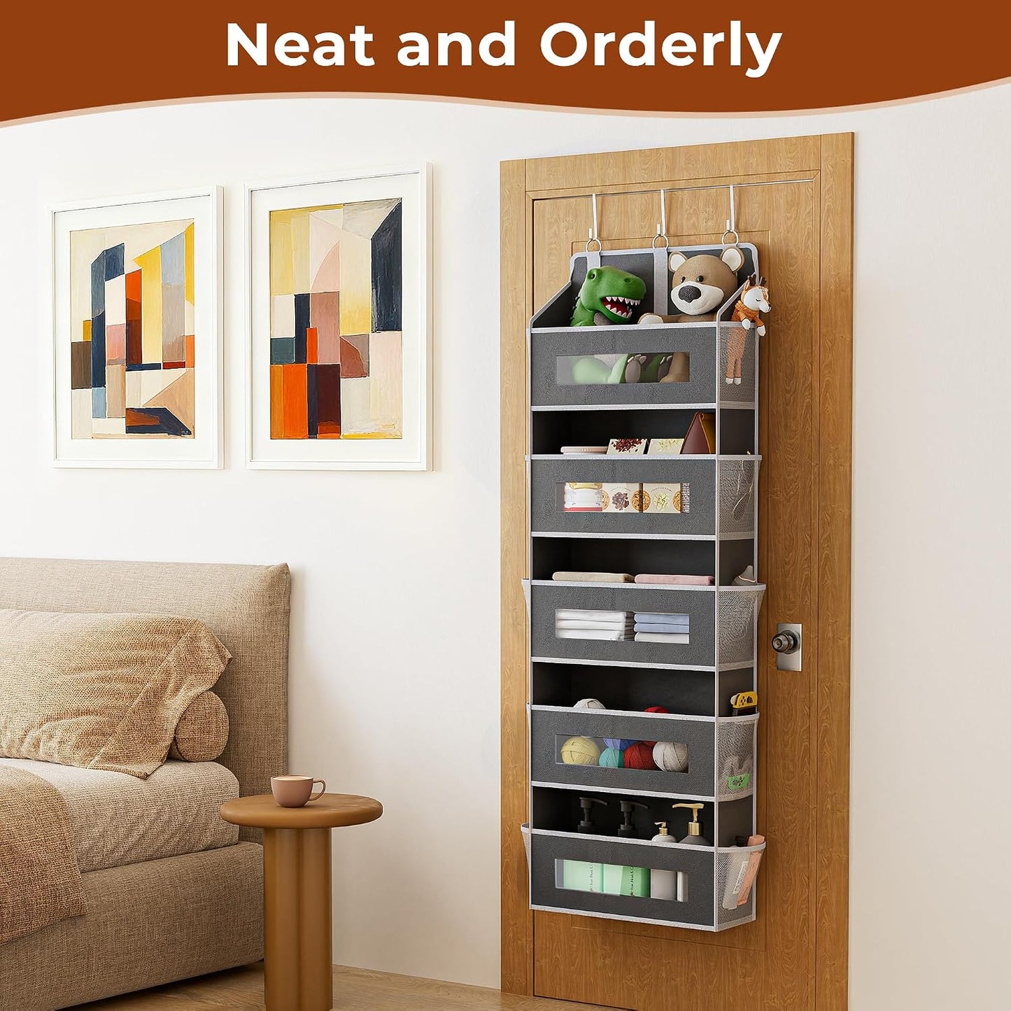 2 Pack 5 Tier Over The Door Organizer - Large Capacity Behind Door Hanging Shelves with 10 Mesh Pockets and Clear Windows, Closet Organizers and Storage for Bathroom, Bedroom, Nursery, Grey
