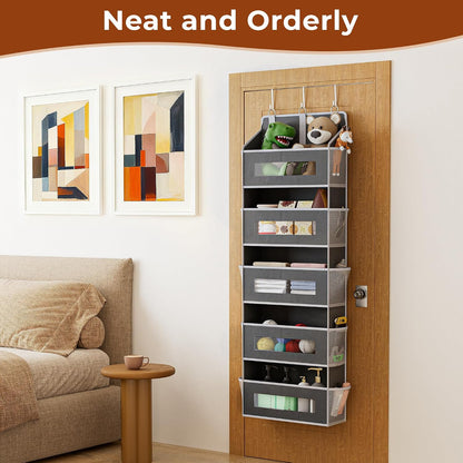 2 Pack 5 Tier Over The Door Organizer - Large Capacity Behind Door Hanging Shelves with 10 Mesh Pockets and Clear Windows, Closet Organizers and Storage for Bathroom, Bedroom, Nursery, Grey