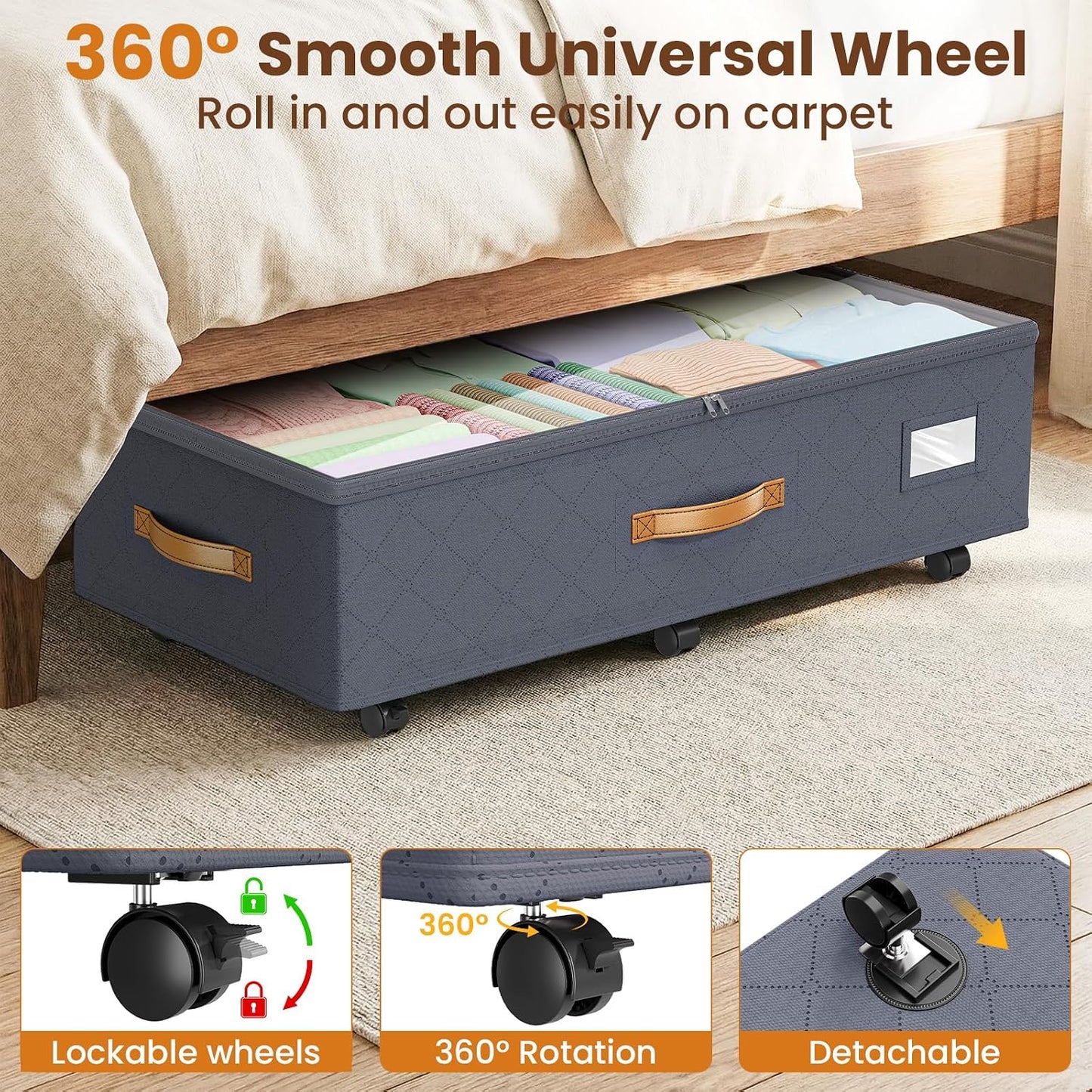 Budding Joy 80L 2 Pack Adjustable Under Bed Storage with Wheels | Underbed containers with clear lids, rolling under bed shoe storage organizer for dorm home clothes, blankets, toys, black