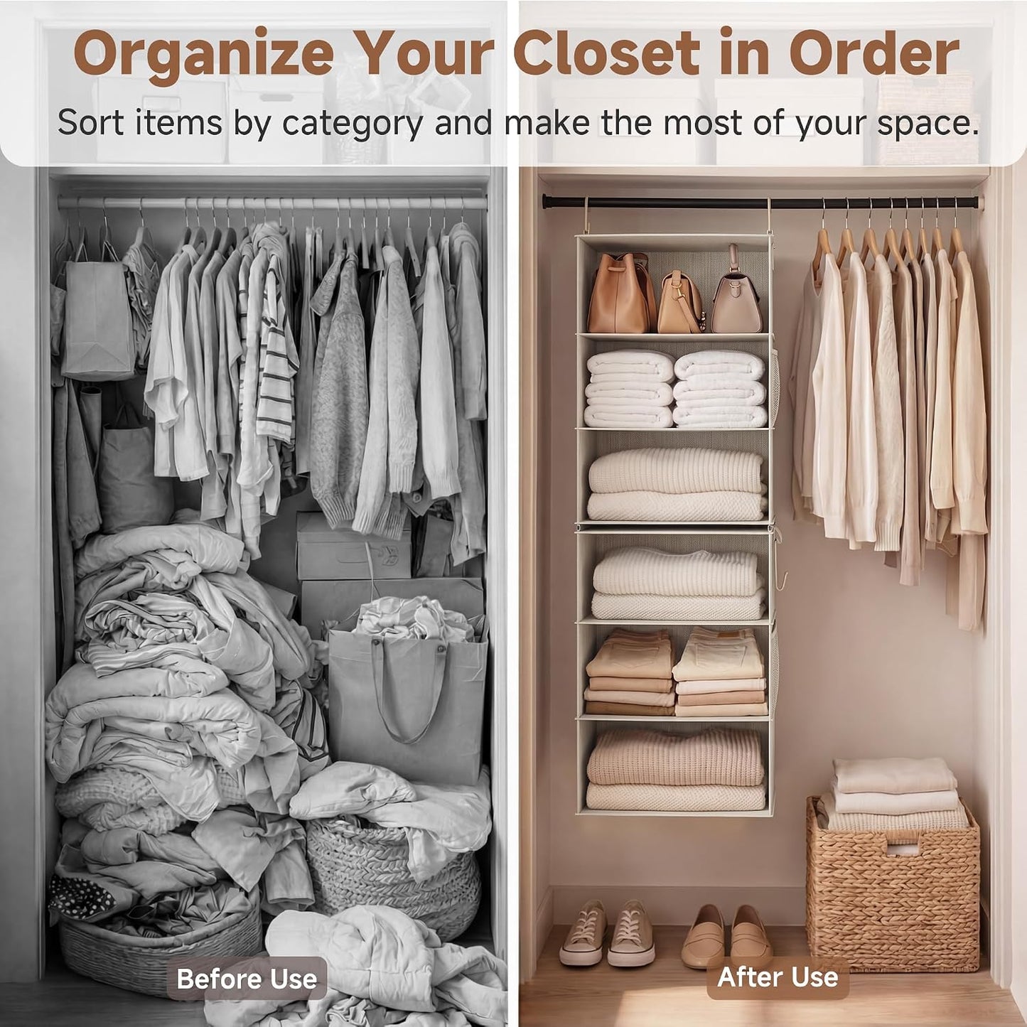 StorageWorks 6-Shelf Closet Organizers, Two 3-Shelf Separable Hanging Shelves for Closet, 12 1⁄2" D x 12 1⁄2" W x 47 ¼" H, Mixing of Beige, White & Ivory