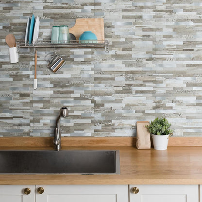 AULIGET 20 Sheets Peel and Stick Backsplash, Black & Grey Wood Look PVC Mixed Metal Stick on Backsplash Tiles for Kitchen