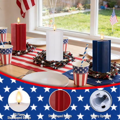 4th of July Flameless Pillar Candles with Remote, Patriotic Red White and Blue Battery Operated Star Shaped LED Pillar Candle Set of 3, Independence Day Decorations for Home Party Table Fireplace
