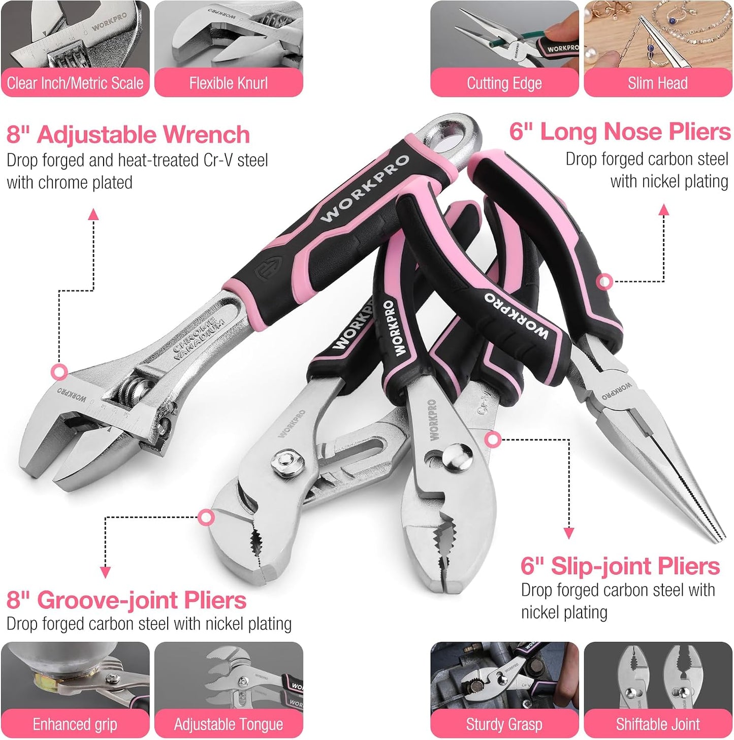 WORKPRO Pink Tool Set, 277 PCS Home Repairing Tool Kit, Pink Tool Bag with 13-Inch Wide Mouth Open Storage Bag, Portable Home Tool Kit Including Hammer, Screwdriver, and Household Tools - Pink Ribbon