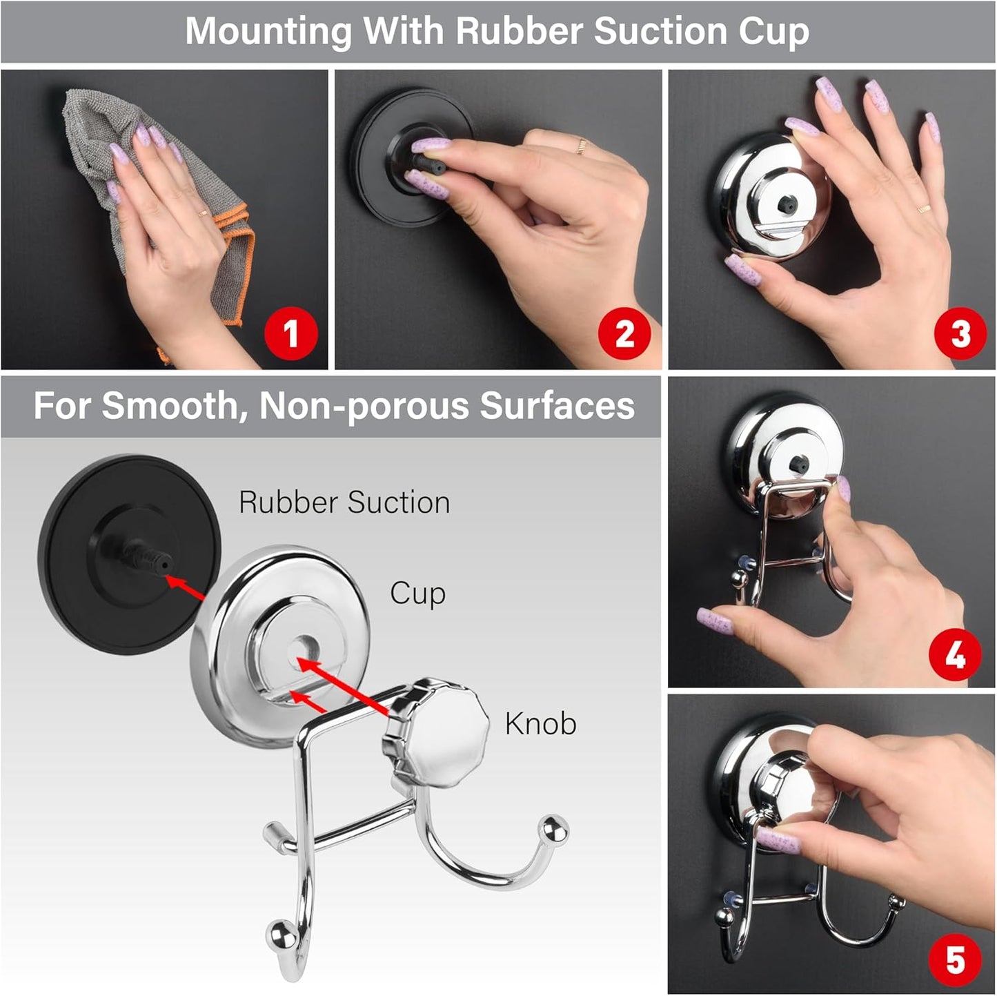 HASKO accessories - Suction Cup Hooks for Shower - Towel Hooks for Bathroom Wall Mounted Shower - Bathroom Hooks for Hanging - Stainless Steel SS304 Towel Holders, Black (2 Pack)