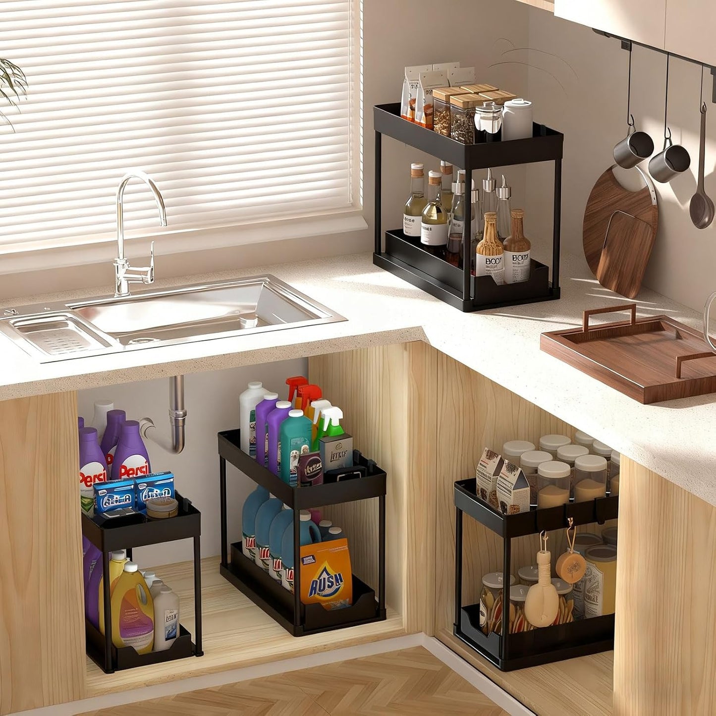 Under Sink Organizers and Storage 2 Pack, Pull-Out Sliding Cabinet Organizer with 2-Tier Storage Shelf & 4 Hooks, Multi-Purpose for Kitchen & Bathroom (13 Inch, White)