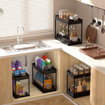Under Sink Organizers and Storage 2 Pack, Pull-Out Sliding Cabinet Organizer with 2-Tier Storage Shelf & 4 Hooks, Multi-Purpose for Kitchen & Bathroom (13 Inch, White)