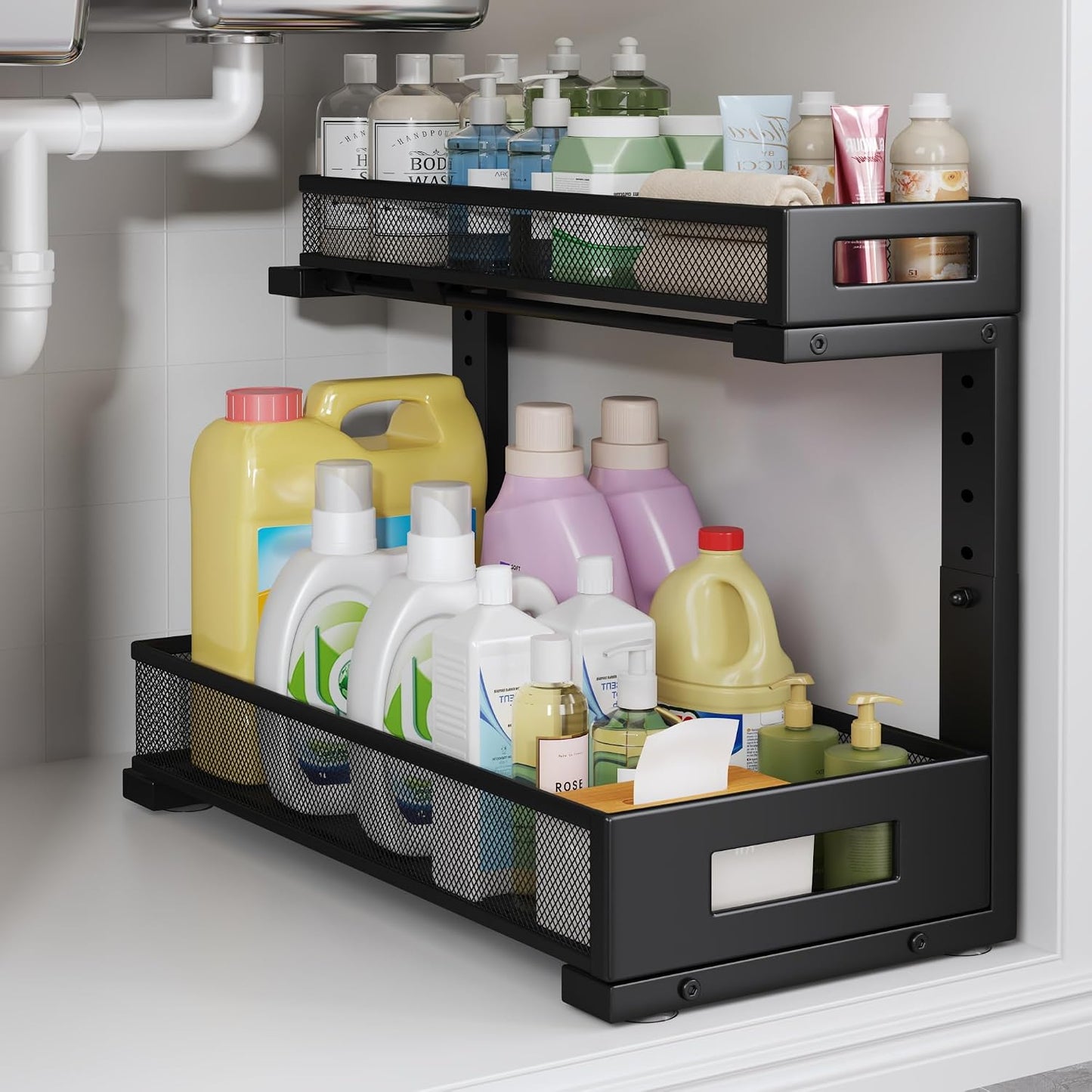 2-Pack Under Sink Storage Organizer, Large 2-Tier Elegant Mesh Pull Out Shelf for Kitchen and Bathroom Cabinet Organization, L-Shaped and Adjustable Height Design,Patent Pending-Black