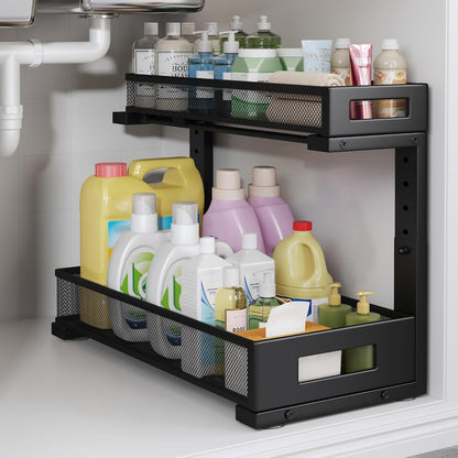 2-Pack Under Sink Storage Organizer, Large 2-Tier Elegant Mesh Pull Out Shelf for Kitchen and Bathroom Cabinet Organization, L-Shaped and Adjustable Height Design,Patent Pending-Black