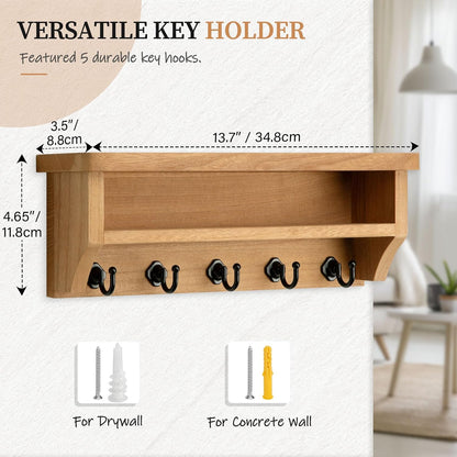 Nekon Key Holder Wall Mount, Wall Organizer Shelf with 5 Key Hooks, Room Decor for Home and Apartment Essentials, White