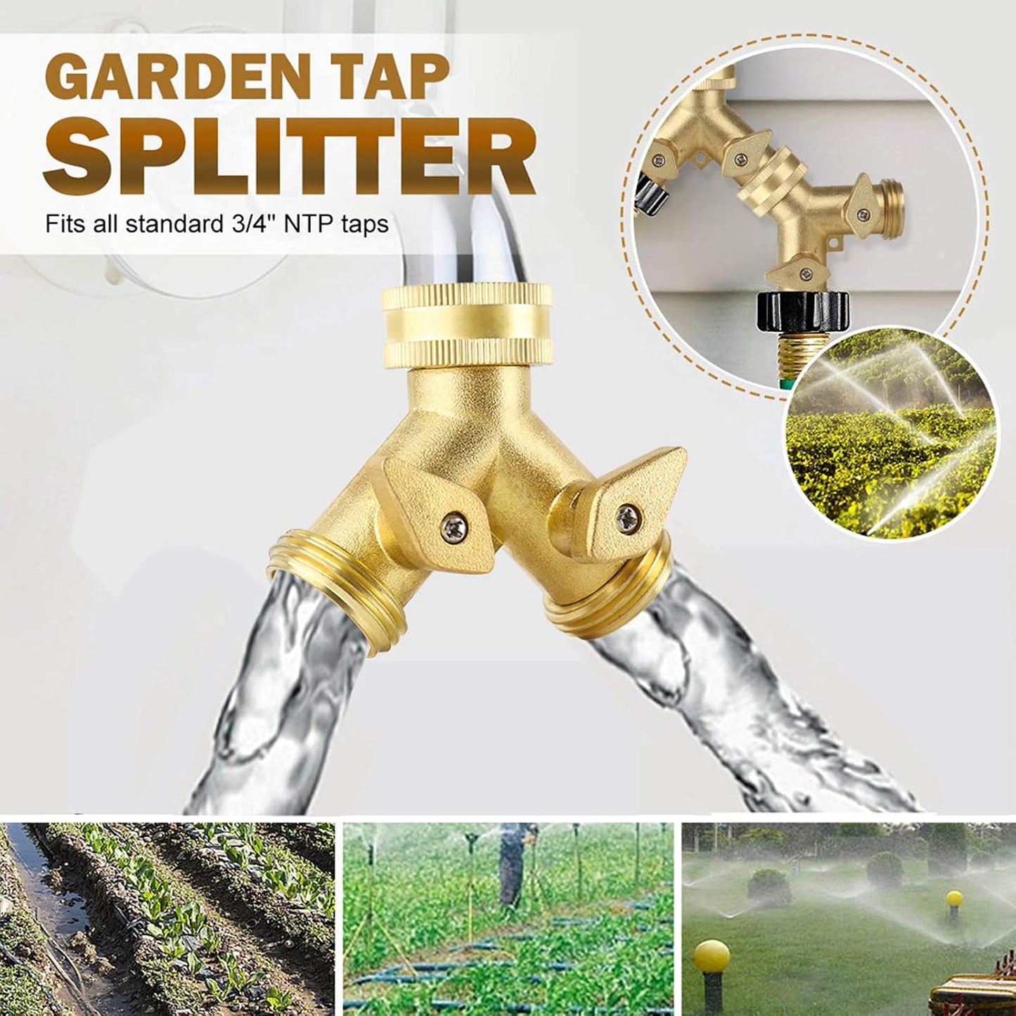 Solid Brass Hose Splitter, Garden Hose Splitter, Hose Splitter 2 Way, Garden Hose Splitter 2 Way with Shut-Off Valves for Garden Irrigation Watering Suitable for All American Thread 3/4