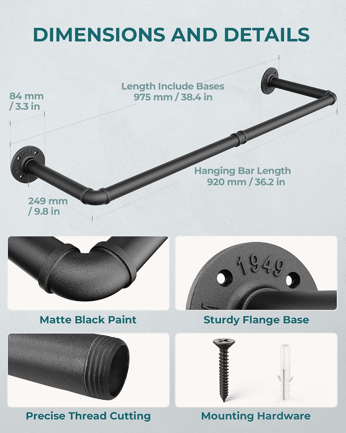 OROPY 38.4" Industrial Pipe Clothes Rack Wall Mounted, Heavy Duty, 2 Pack | Heavy Duty Iron Pipe Clothing Garment Rail, Multi-Purpose Clothing Hanging Rod for Laundry Room and Closet Storage, Black