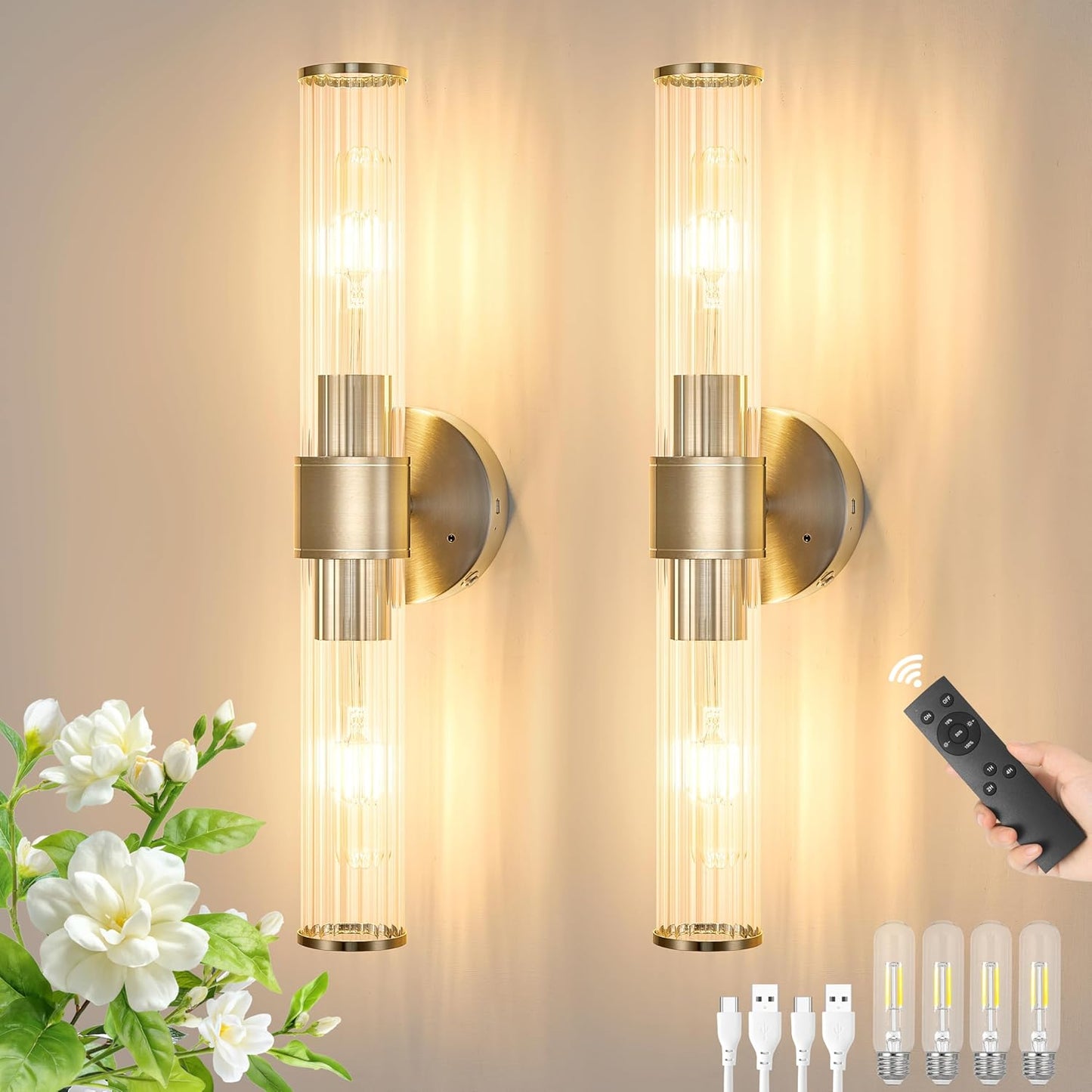 Morauroral Gold Battery Operated Wall Sconces Set of Two, Rechargeable Wall Sconce with Dimmable Remote Control, 20 Inch Wireless Sconce Wall Light for Bedroom, Living Room (Bulbs Included)