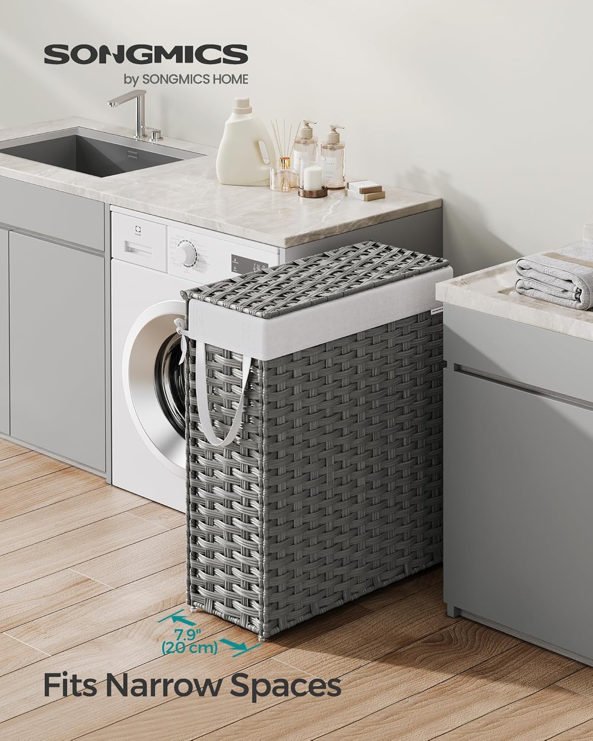 SONGMICS Laundry Hamper with Lid, 23.8 Gallon (90 L) Synthetic Rattan Clothes Laundry Basket with Lid and Handles, Foldable, Removable Liner, Chestnut Brown ULCB051K02