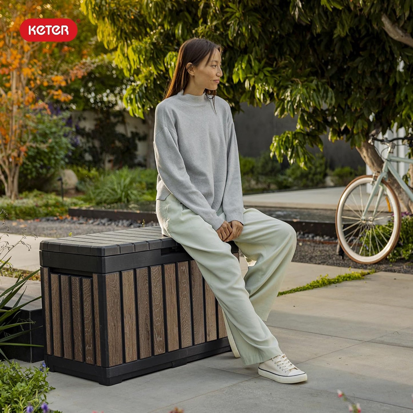 Keter Signature Everwood 30 Gallon Resin Outdoor Storage Box and Patio Furniture Side Table for Pool and Garden Accessories, Walnut
