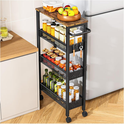 Vivihomety Utility Slim Storage Cart with Wheels, 4 Tier Small Rolling Cart with Wood Top, Metal Kitchen Bathroom Laundry Room Organization Trolley with Handle for Narrow Space – Black