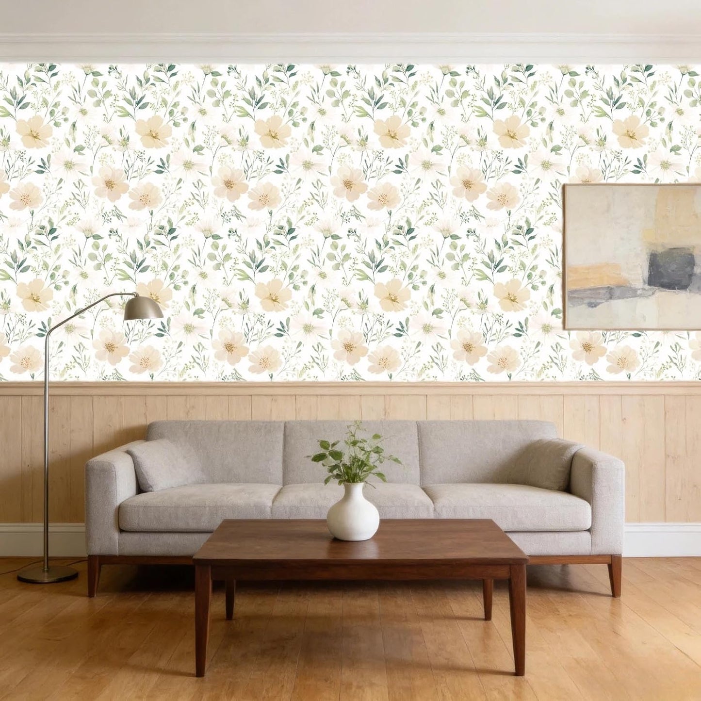 Sage Green Floral Peel and Stick Wallpaper Self Adhesive Removable Modern for Bedroom Accent Wall Renter Friendly Thick Watercolor Natural Flower Wallpaper 17.7" x 118"