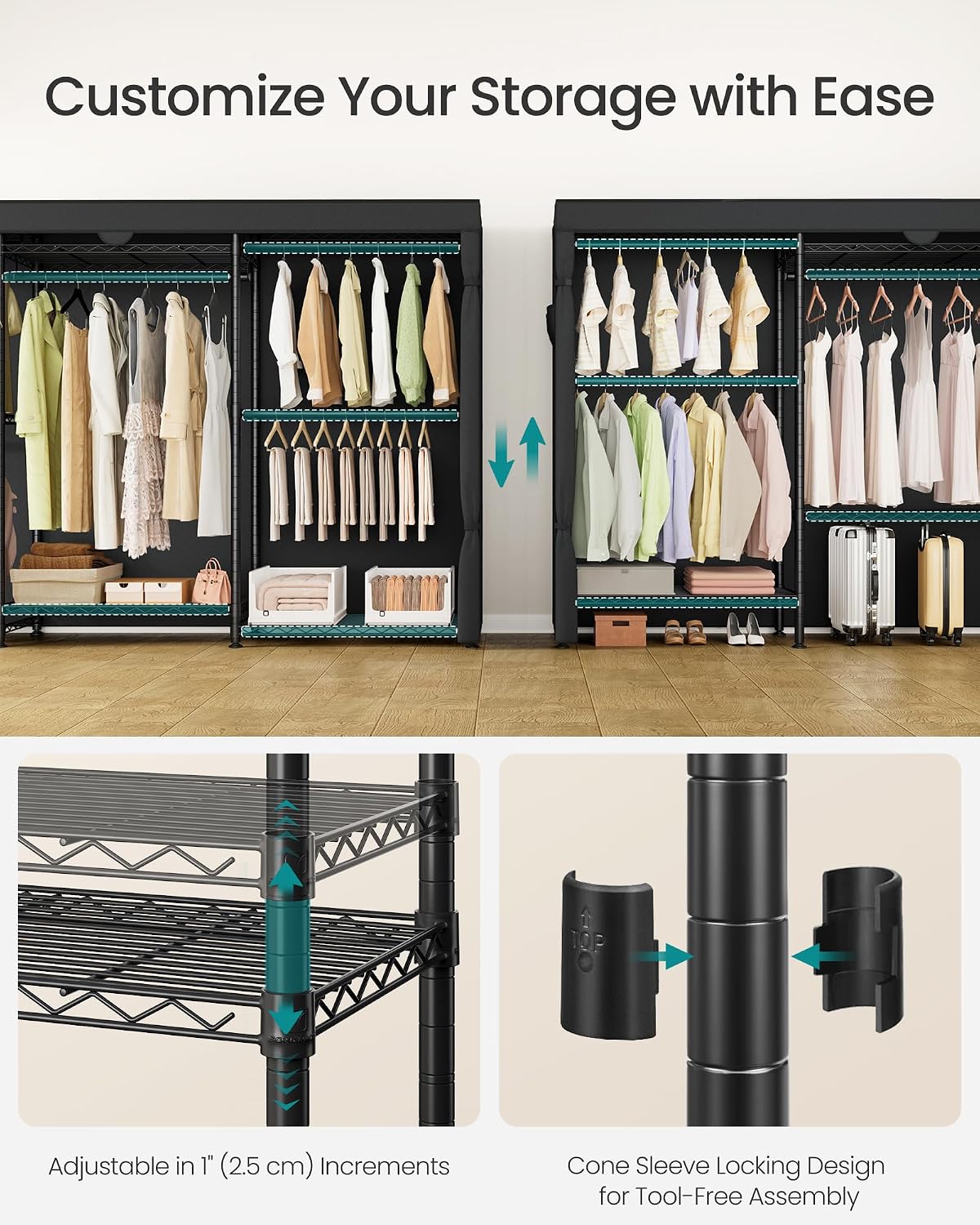 SONGMICS Heavy-Duty Clothes Rack, Garment Rack, Portable Closet, 68.7-Inch Wide Clothing Rack with Adjustable Mesh Shelves and Hanging Rails, Ink Black ULGR433B01