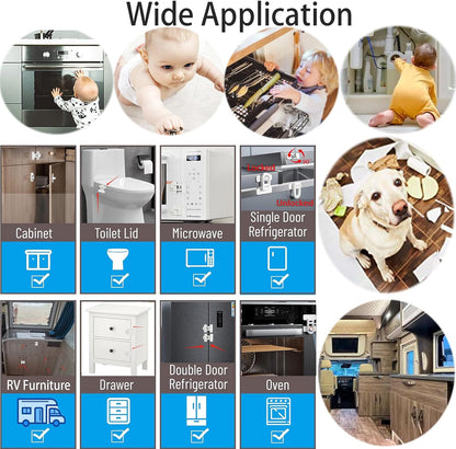 Fridge Lock, 180° Swivel RV Camper French Refrigerator Latch 90 Degree Adhesive No Drill, Baby Proofing Cabinet Freezer Oven, Renter Friendly Childproof Safety Lock for Toddler Cat 2-Pack
