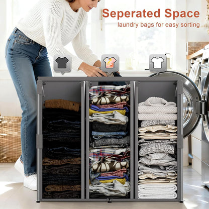 WOWLIVE 180L Laundry Hamper with Lid 3 Section, Large Laundry Basket with Removable Bags, Heavy Duty Metal Frame Dirty Clothes Hampers for Laundry, Laundry Basket Organizer for Laundry Room,Dorm,Black