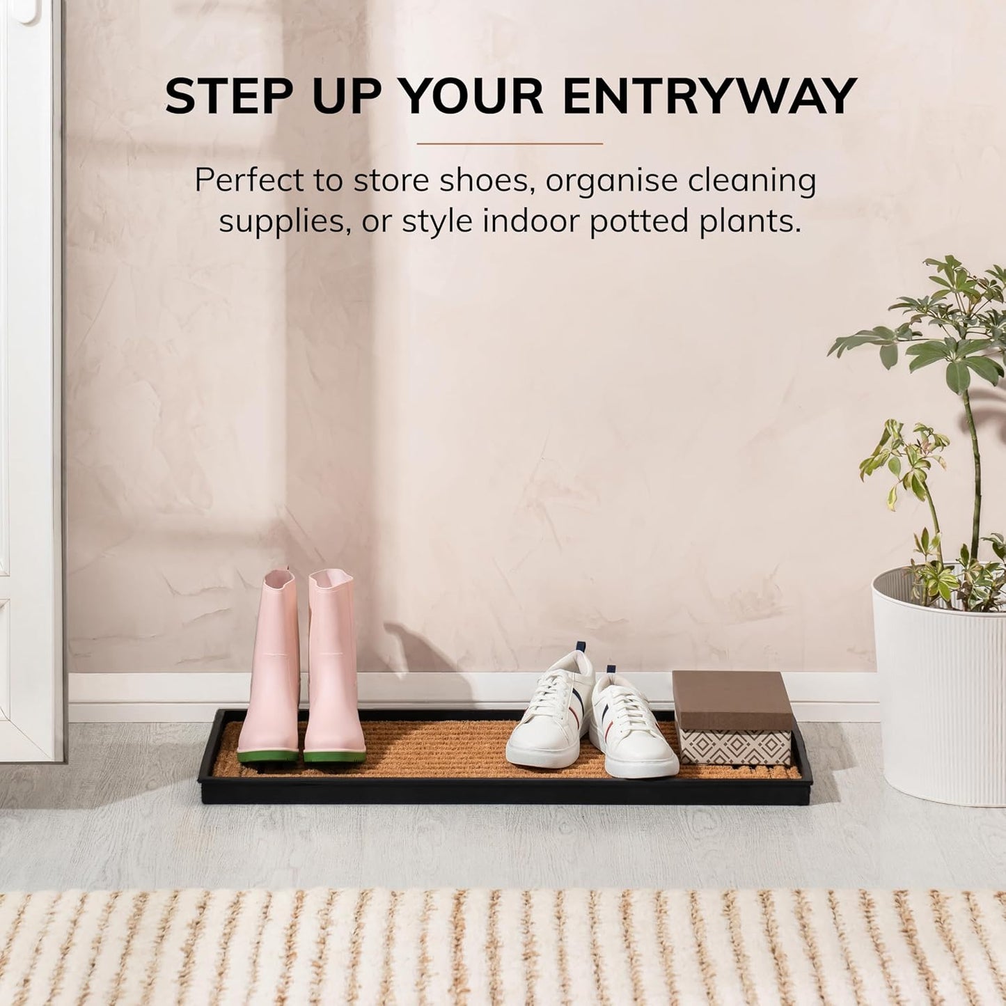 Anji Mountain Heavy Duty Waterproof Rubber Shoe Storage Mat Organizer/Boot Storage Tray Multi Use for Entryway with Coir, Tan Insert, Fits 4 Pair (46.5" Wide)