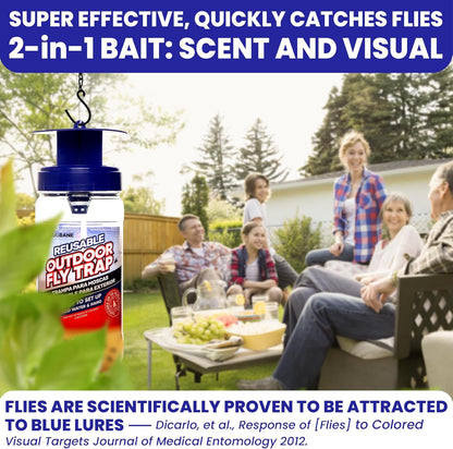 Fly Trap Outdoor Fly Traps for Patio with 2 Non-Toxic Dissolvable Bait Refills. Reusable Hanging Bug Catcher Killer for All Filth Flies for Outside Bug Control Yard Ranch. Hanging Chains Included.