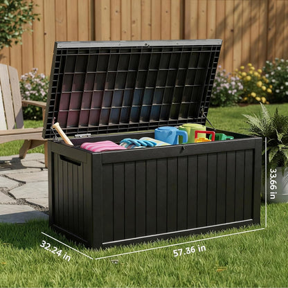 MAKINO 152 Gallon Resin Outdoor Storage Box, Waterproof Deck Box with Lockable Lid, Outside Storage Box for Patio Furniture, Pool Accessories, Garden Tools, Storage Bench for Backyard, Porch, Black