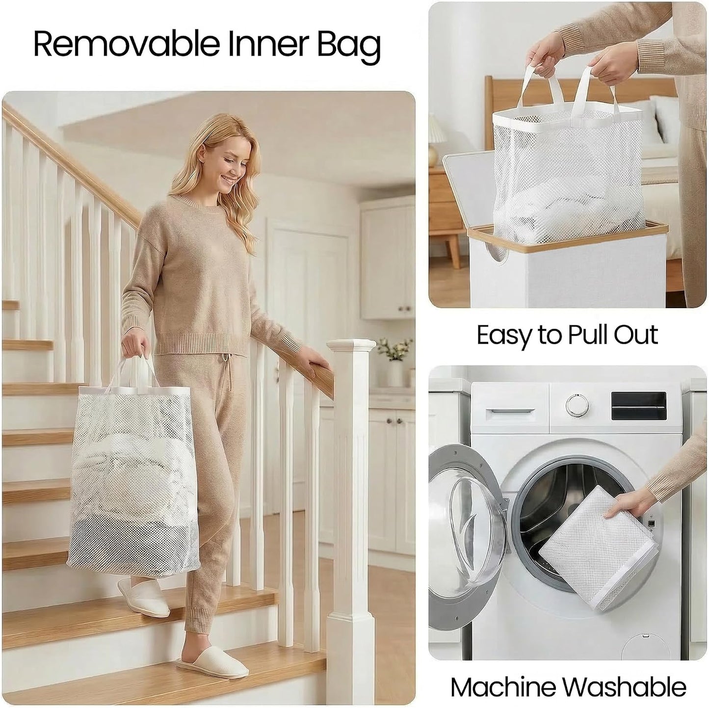 efluky Slim Laundry Basket with Lid, Narrow Laundry Hamper with Removable Bag, Skinny Dirty Clothes Basket with Bamboo Handles for Bathroom, Bedroom & Laundry Room, 75L Beige