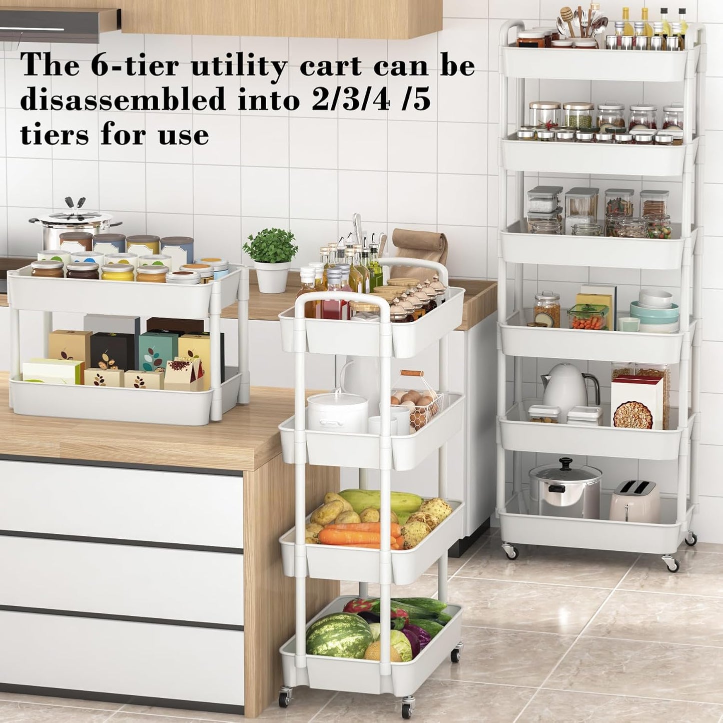Sywhitta 4-Tier Plastic Rolling Utility Cart with Handle, Multi-Functional Storage Trolley for Office, Living Room, Kitchen, Movable Storage Organizer with Wheels, Black