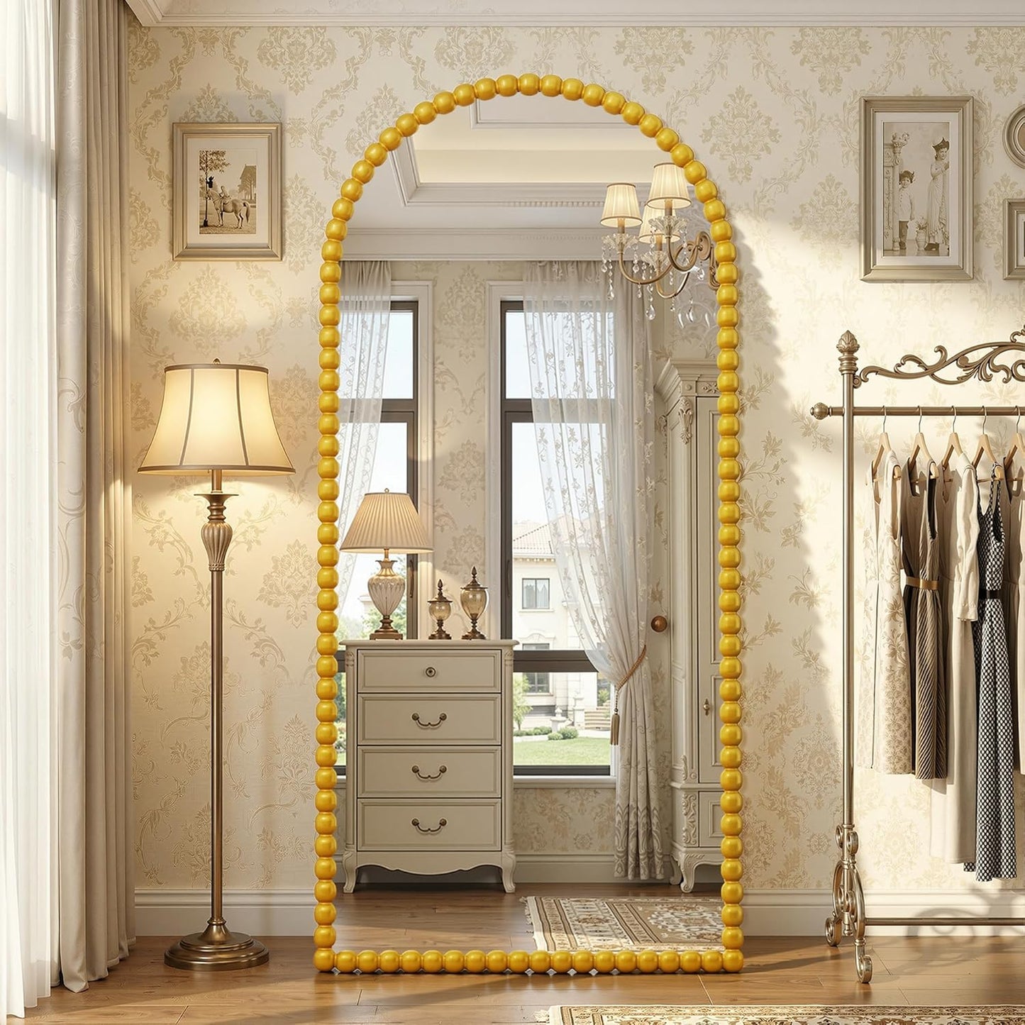 Antok 58" x 21" Arched Full Length Mirror, Antique Beaded Frame Floor Standing or Wall Mounted Mirror with Stand for Bedroom, Entryway, Brown, Luxury Style