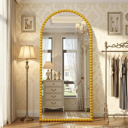 Antok 58" x 21" Arched Full Length Mirror, Antique Beaded Frame Floor Standing or Wall Mounted Mirror with Stand for Bedroom, Entryway, Brown, Luxury Style