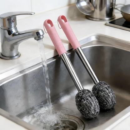 2PCS Steel Wool Scrubber with Handle Rustproof, Cast Iron Scrubber, Stubborn Messes Pot Brush, Remove Dirt for Cleaning Stoves,Sinks Dishes Grills Bowls & Metal Wire Sponge for Kitchens
