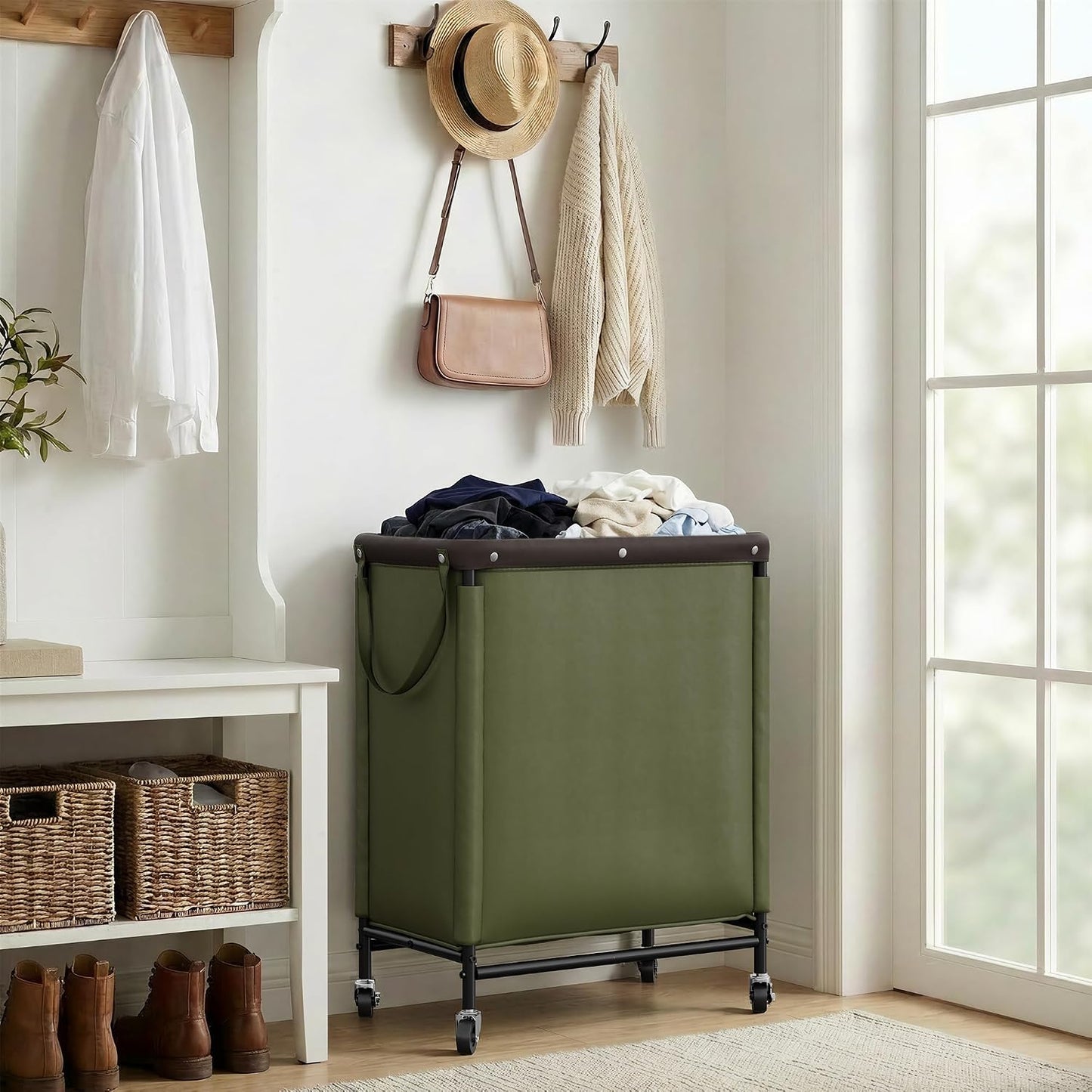StorageWorks 3 Section Laundry Hamper, Rolling Laundry Cart with Wheels and Handles, Laundry Room Double Sorter for Organizer and Storage, 31.7 Gal(120L), Beige