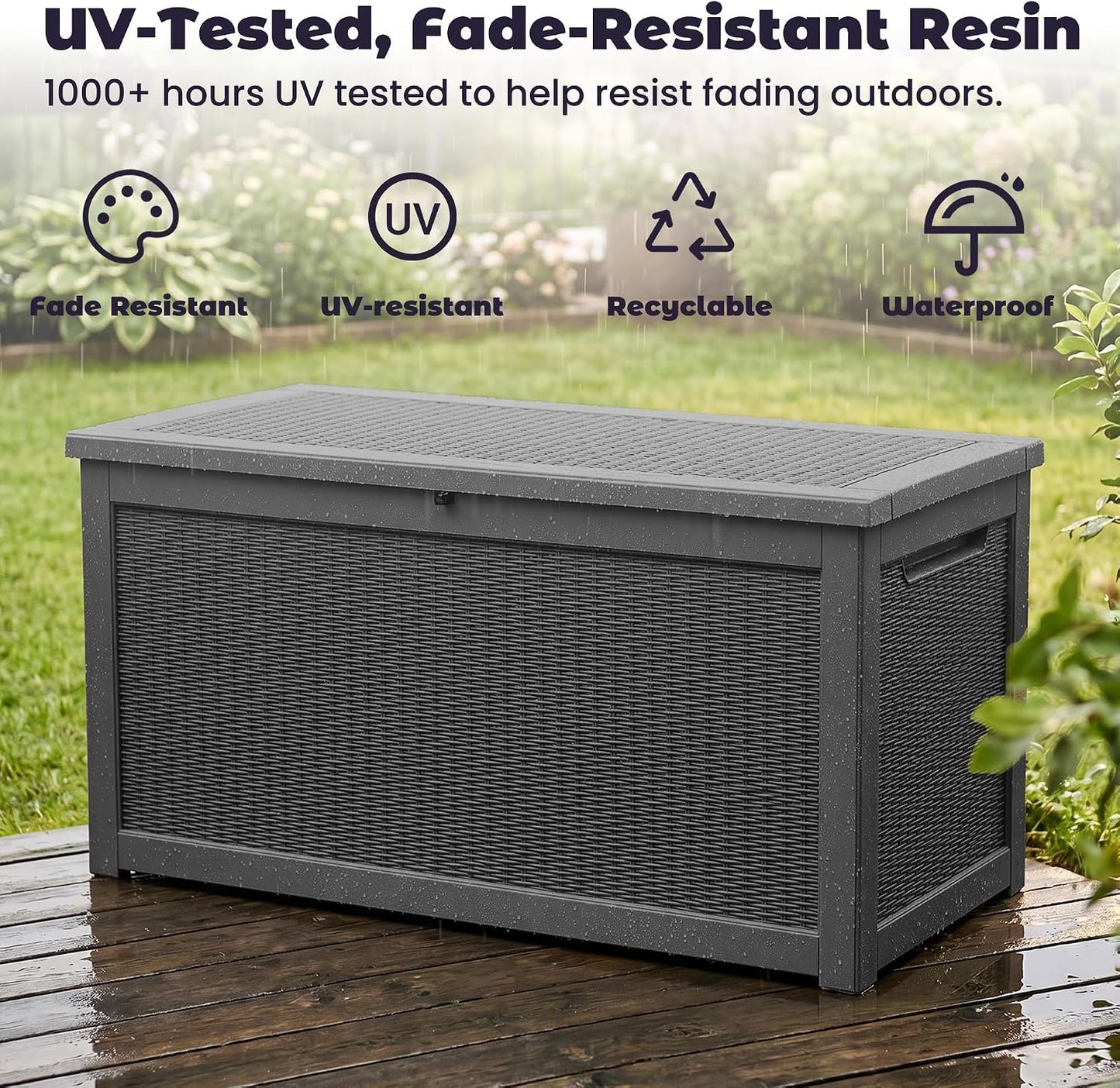 PatioZen 50 Gallon Deck Box Outdoor, Weatherproof Resin Patio Storage Box, Waterproof Outdoor Storage Boxes with Lid Lockable for Cushions, Garden Tools,Grey