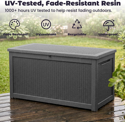 PatioZen 50 Gallon Deck Box Outdoor, Weatherproof Resin Patio Storage Box, Waterproof Outdoor Storage Boxes with Lid Lockable for Cushions, Garden Tools,Grey