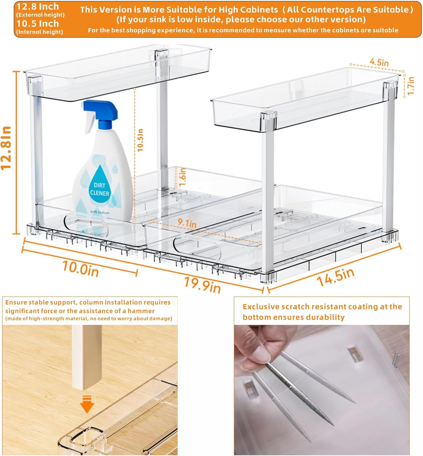 Yieach 2 Pack 14.6″ Deep Pull Out Under Sink Organizer,10.8″ High 2 Tier Slide Out Cabinet Organizer for Kitchen Cabinet,Undersink Organizers,Under Sink Shelves,Bathroom Organizers and Storage,Clear
