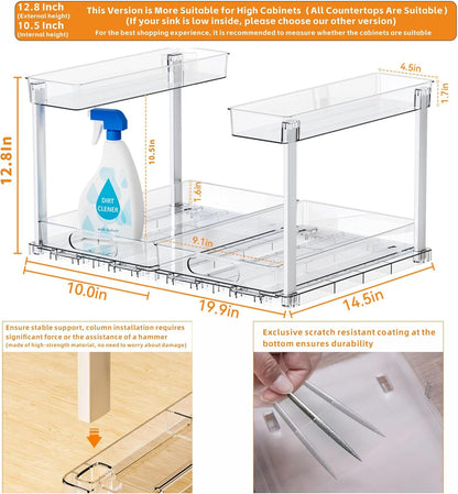 Yieach 2 Pack 14.6″ Deep Pull Out Under Sink Organizer,10.8″ High 2 Tier Slide Out Cabinet Organizer for Kitchen Cabinet,Undersink Organizers,Under Sink Shelves,Bathroom Organizers and Storage,Clear