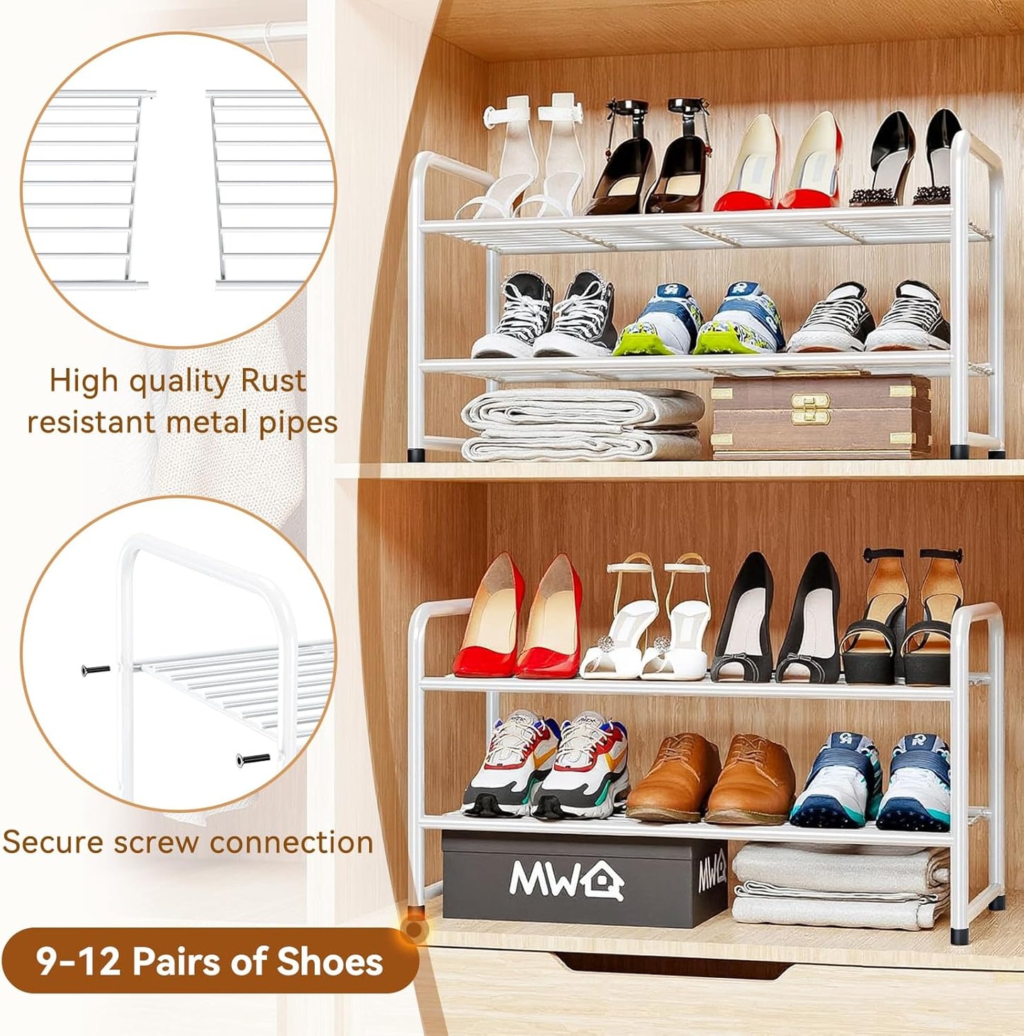 Simple Shoe Rack 2 Tier 27 Inch Wide, Heavy Duty Metal Closet Shoe Organizer Shelf for Entryway, Front Door, Black