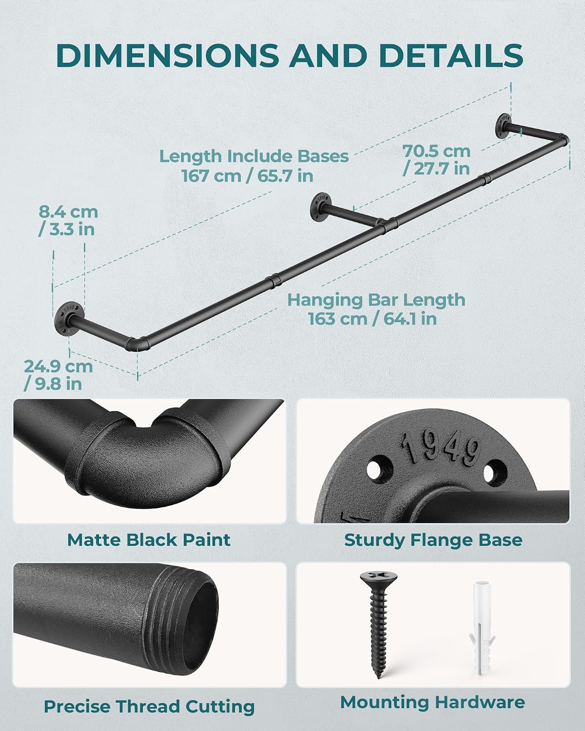 OROPY 65.7" Heavy Duty Industrial Pipe Clothes Rack for Hanging Clothes | Wall Mounted Clothes Bar, Space Saving Iron Garment Rack, Multi-Purpose Hanging Rod for Bedroom, Closet, Black, 3 Base