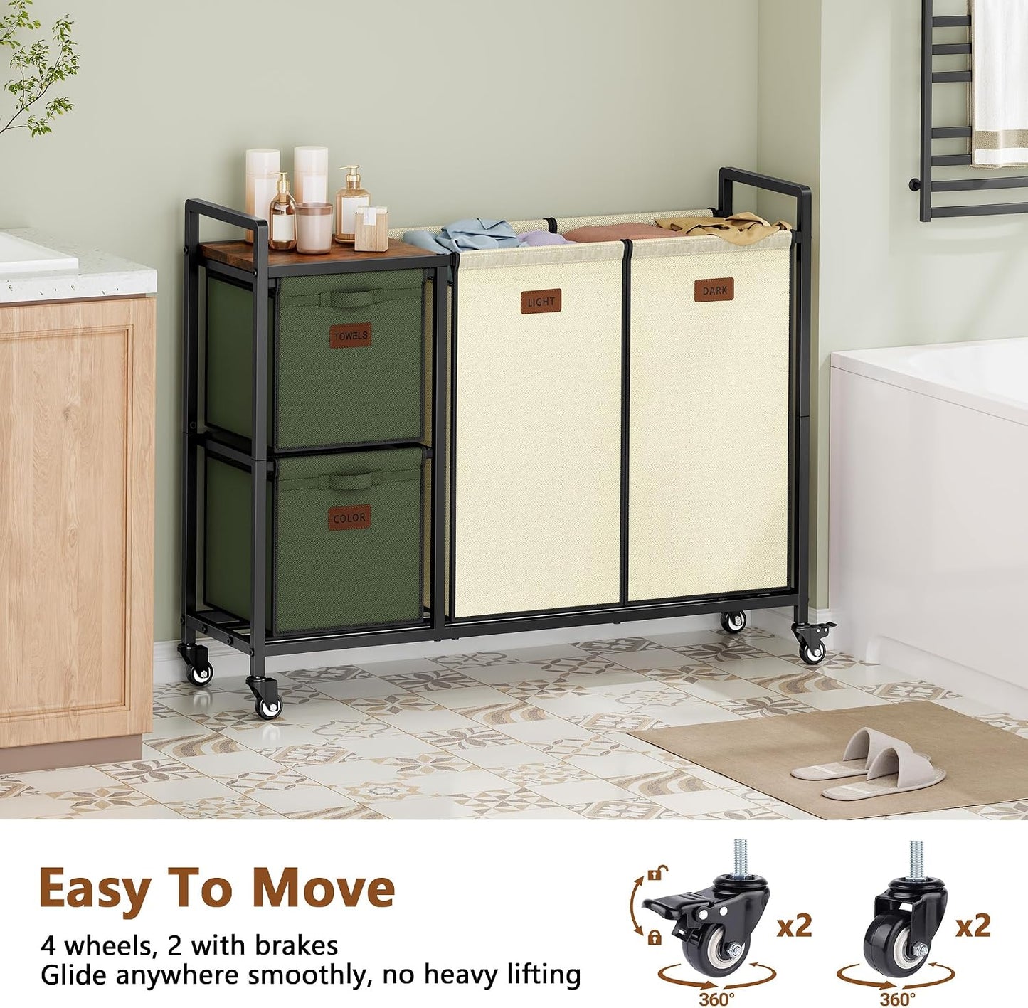 Hoctieon 4 Section Laundry Cart, 48 Gal. (182L) Laundry Hamper with Lid, Laundry Basket with Wheels, Rolling Laundry Sorter Organizer with Shelf, Clothes Separator with Removable Bags, Black