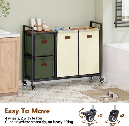 Hoctieon 4 Section Laundry Cart, 48 Gal. (182L) Laundry Hamper with Lid, Laundry Basket with Wheels, Rolling Laundry Sorter Organizer with Shelf, Clothes Separator with Removable Bags, Black