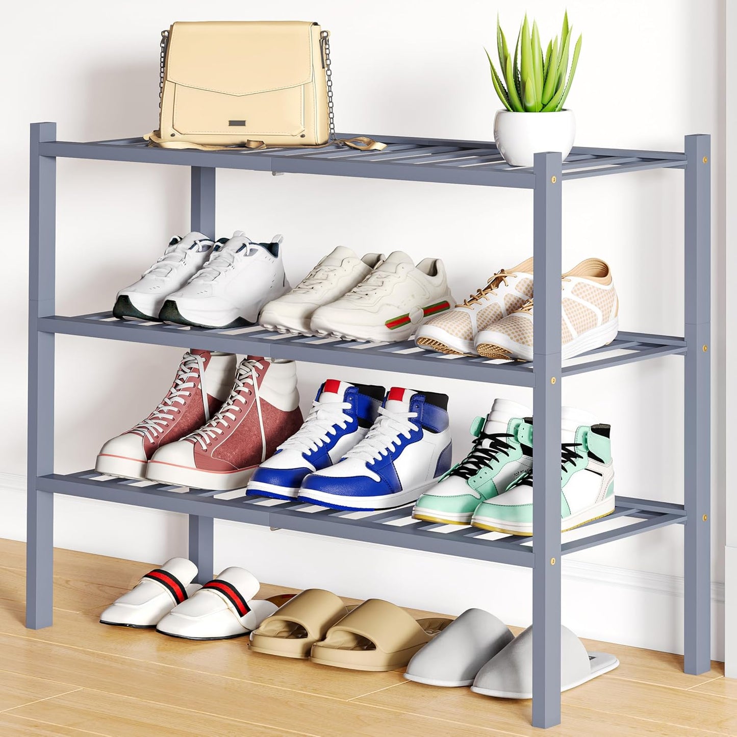 Smiry Bamboo Shoe Rack, 3 Tier Free Standing Wooden Shoe Organizer, Stackable Wood Shoe Storage Shelf for Closet, Entryway, 12 Vertical Slats, 2+1 Stack Standard Legs, 26.8"x11"x19.5", Natural