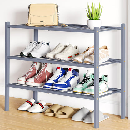 Smiry Bamboo Shoe Rack, 3 Tier Free Standing Wooden Shoe Organizer, Stackable Wood Shoe Storage Shelf for Closet, Entryway, 12 Vertical Slats, 2+1 Stack Standard Legs, 26.8"x11"x19.5", Natural