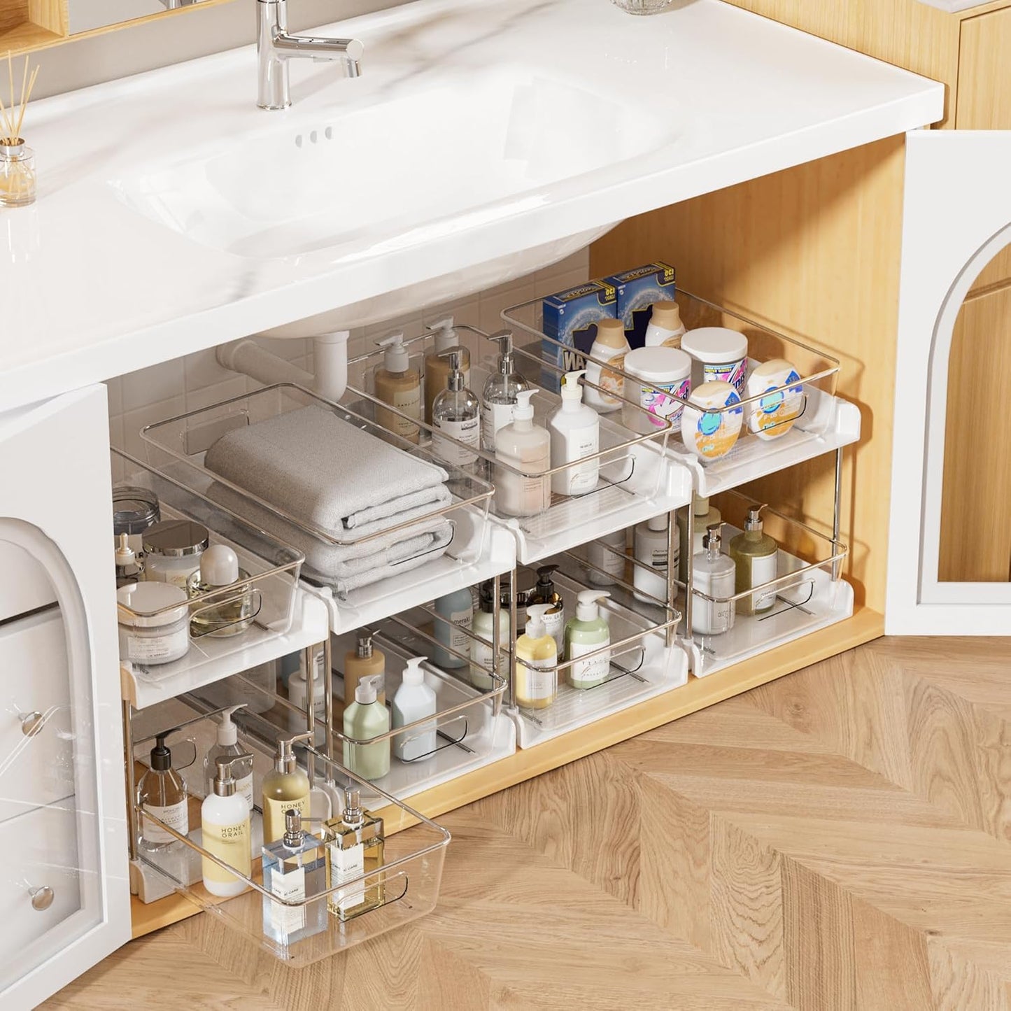 Vtopmart 2 Tier Bathroom Storage Organizer, 2 Pack Clear Under Sink Organizers Vanity Counter Container, Cabinet Drawers Bins, Pull-Out Organization with Track for Pantry, Kitchen