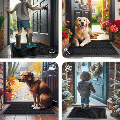 Smiry Front Door Mat Outside Entrance, Heavy Duty Natural Rubber Doormat, Non Slip, Trap Dirt and Moisture, Easy Clean, Low Profile Welcome Floor Mats for Indoor Outdoor Entry, 29.5x17 Inch, Black
