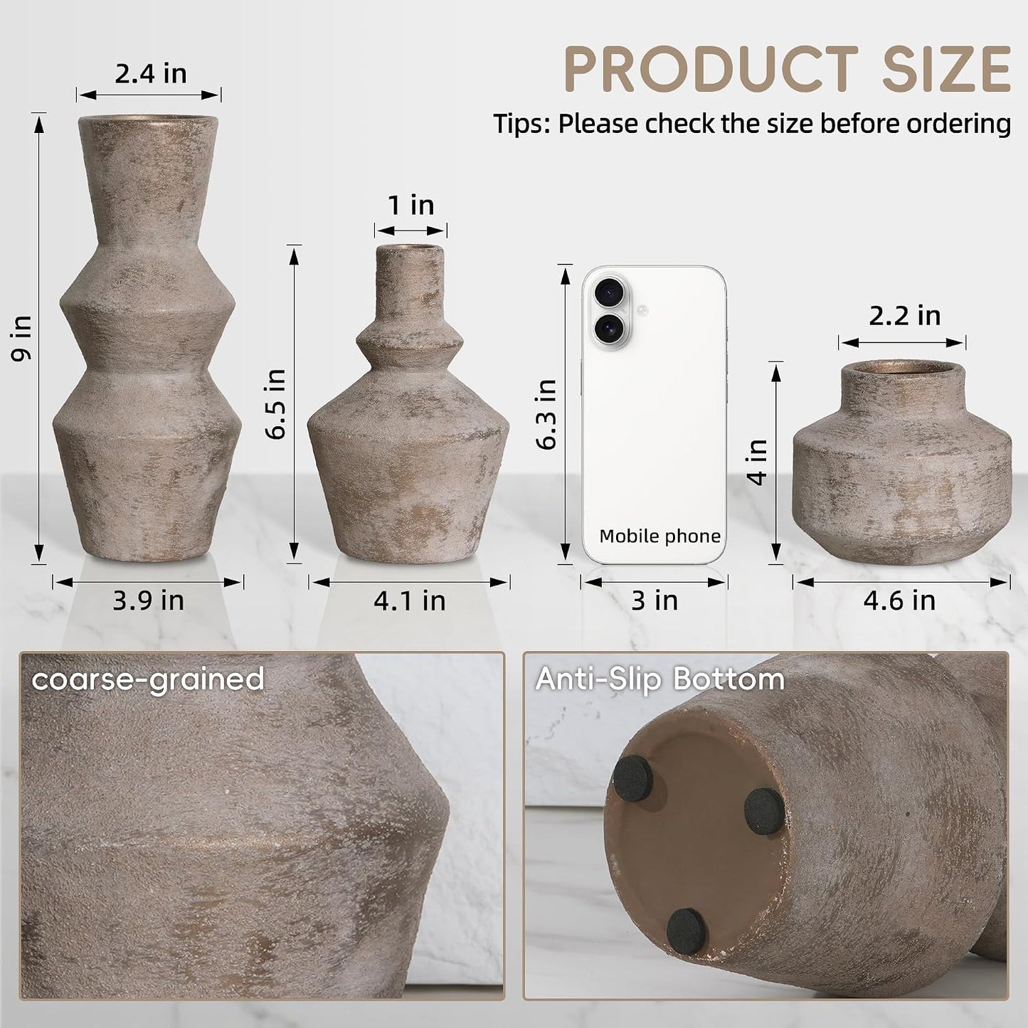 DREAMLOOM Ceramic Vase Set of 3, Modern Rustic Flower Vases for Pampas Grass, Dried & Fresh Flowers, Farmhouse Home Decor Vase for Living Room Bedroom Kitchen Shelf Centerpiece, Classic