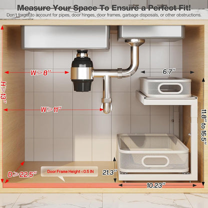 2-Pack Under Sink Storage Organizer with 2-Tier Slide Out Drawer, Sophisticated Mesh Pull Out Shelf for Kitchen & Bathroom, Fits Small Items, Upgraded Arched Track for Smooth Gliding(Patented)