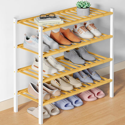 Smiry Bamboo Shoe Rack for Closet, 3 Tier Wooden Shoe Organizer, Stackable Wood Shoe Storage Shelf for Entryway, 14 Vertical Slats, One-piece Heavy-Duty Legs, 26.77"x11.02"x18.31", Natural
