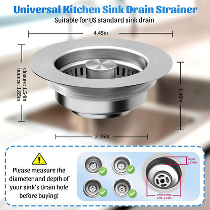 NinjaTiger Kitchen Sink Drain Strainer - 3-in-1 Stainless Steel Pop Up Sink Stopper Anti-Clogging Sink Strainer Basket Sink Drainer Filter Plug for US Standard 3-1/2'' Sink Drain | Gunmetal Gray